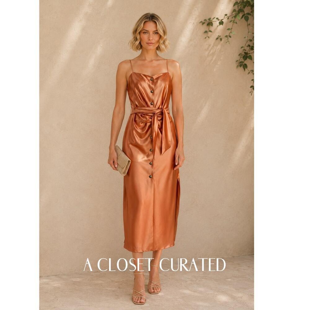 Nanushka Sayan Satin Draped Midi Dress Medium Orange NEW
